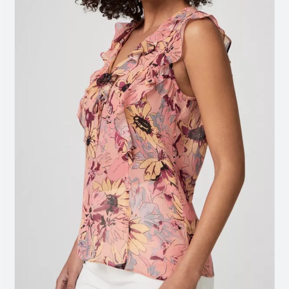 PAIGE | Cataleya Pink Multi 100% Silk sleeveless Ruffle blouse Size XXs - Picture 2 of 9